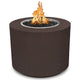 Round gas fire pit with dark brown speckled powder-coated steel body and flame rising at center