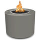Round gas fire pit with silver-gray powder-coated steel body and visible orange flames