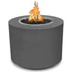 Dark gray round gas fire pit with textured powder-coated steel body and open burner center