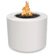 36-inch round gas fire pit with white powder-coated steel base and visible orange flame