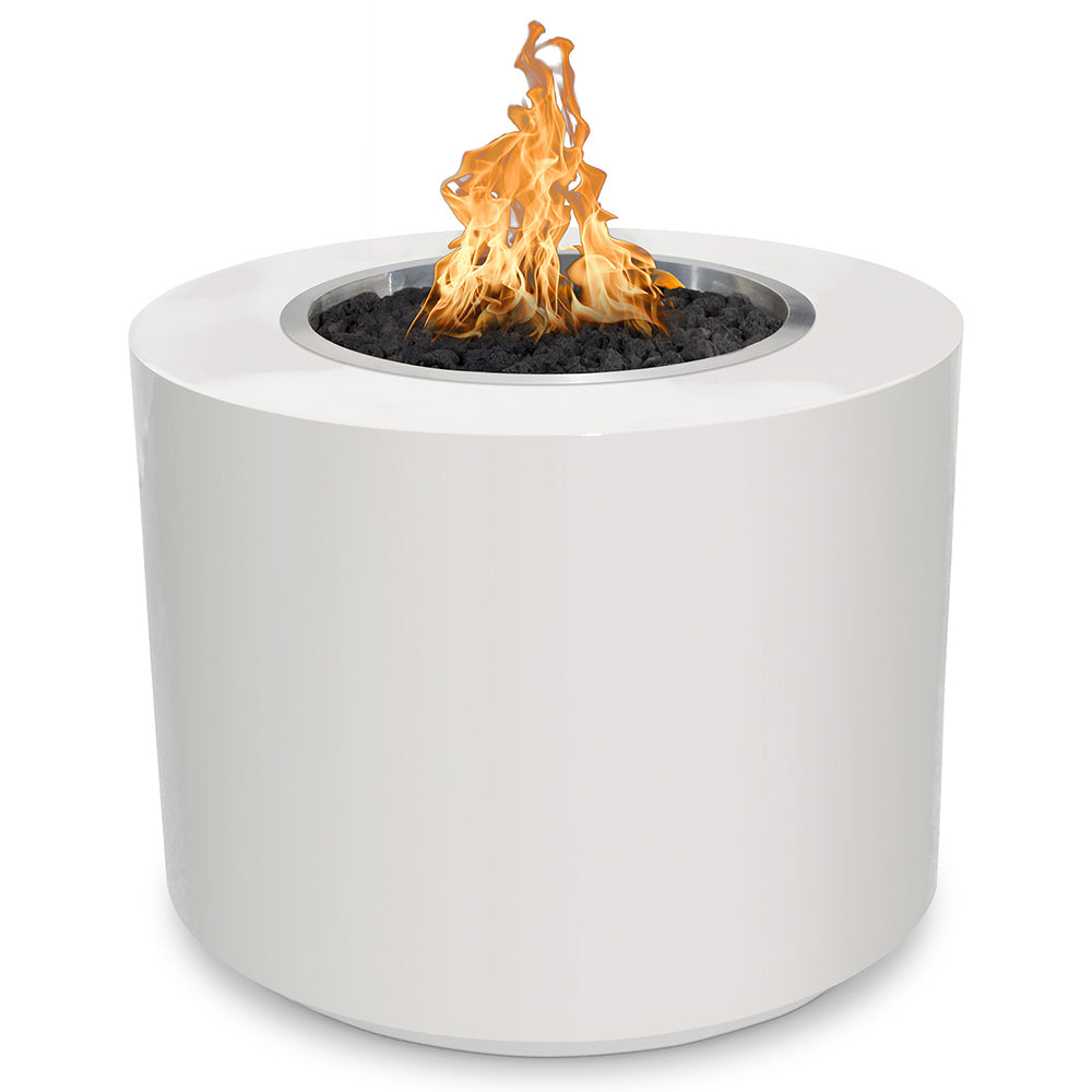 Round gas fire pit with white powder-coated steel body and burning firebed