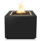 Square gas fire pit with black powder-coated steel body and flames in the center pan
