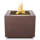 Copper-toned square gas fire pit with open burner tray and flames rising from the center