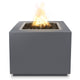 Dark gray square gas fire pit with open burner and flames in the recessed top