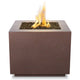 Square gas fire pit in brown powder-coated steel with flames in the burner opening