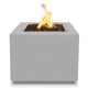 Square gas fire pit with flames, light gray powder-coated steel body and square burner opening