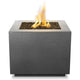 Charcoal gray speckled square gas fire pit with recessed burner and flames