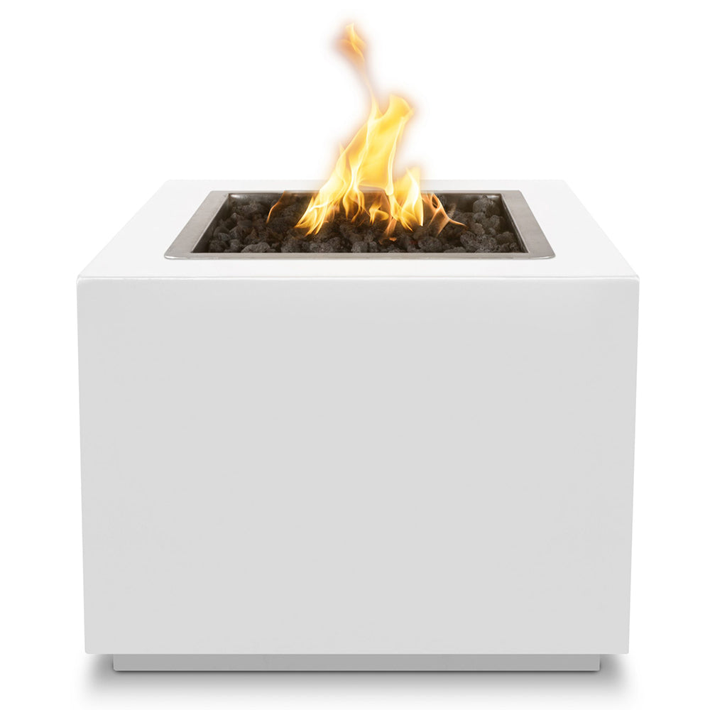 White square gas fire pit with open burner tray and flames rising from the center