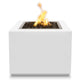 Square gas fire pit in white powder-coated steel with flames rising from burner