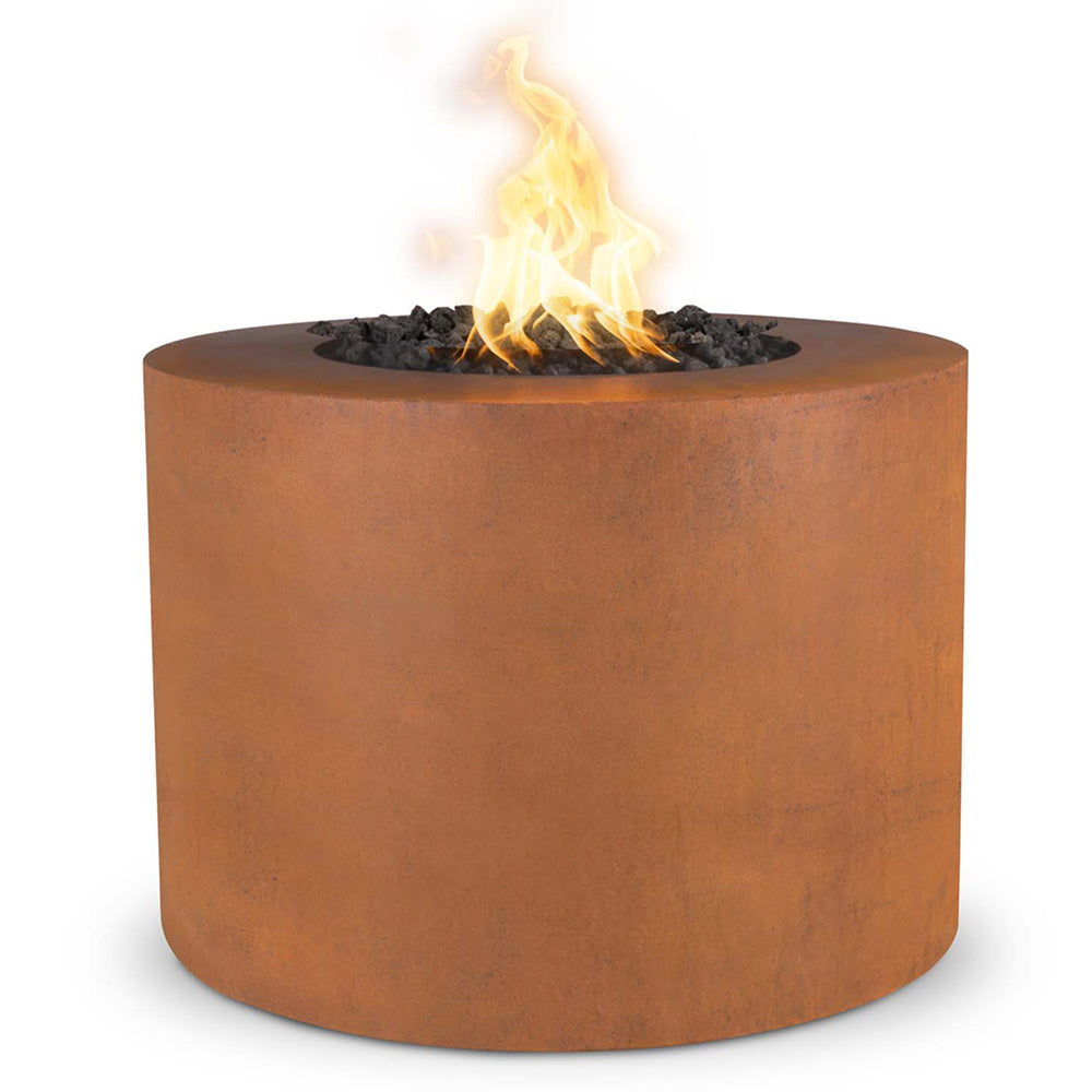 Round corten steel gas fire pit with flames in center