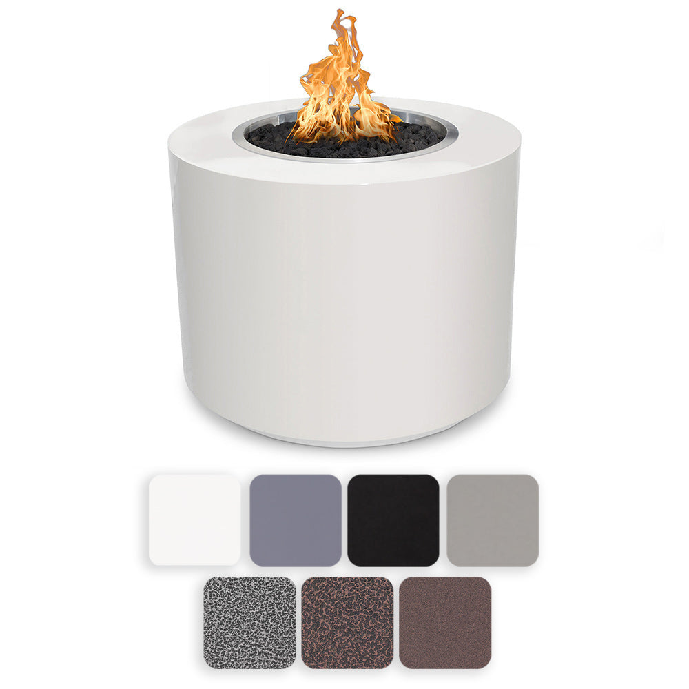 Round gas fire pit with white powder-coated steel body and flame rising from the center burner