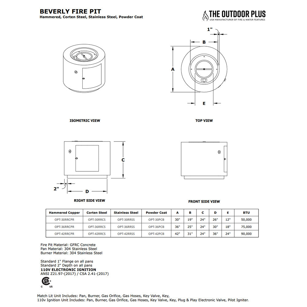 TOP Fires by The Outdoor Plus Beverly 42-Inch Round Stainless Steel Gas Fire Pit