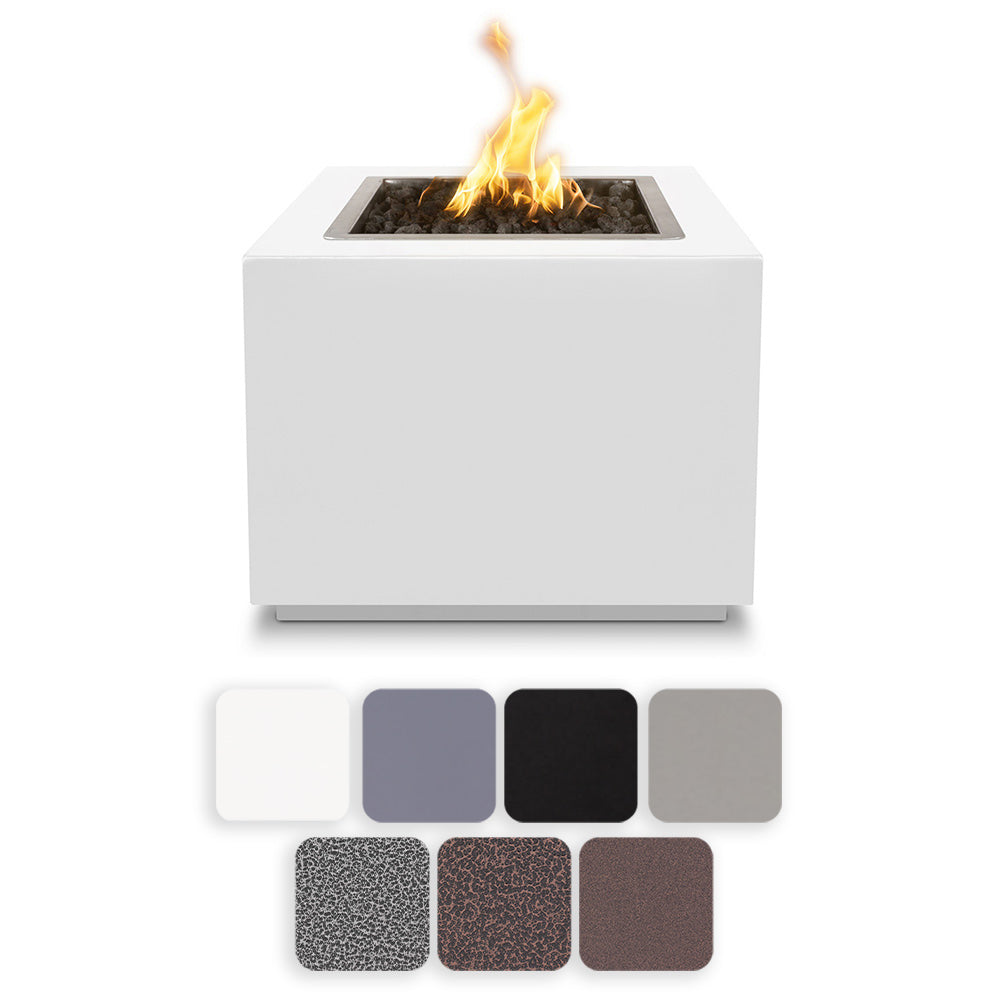 White square gas fire pit with open burner and flames in a recessed top