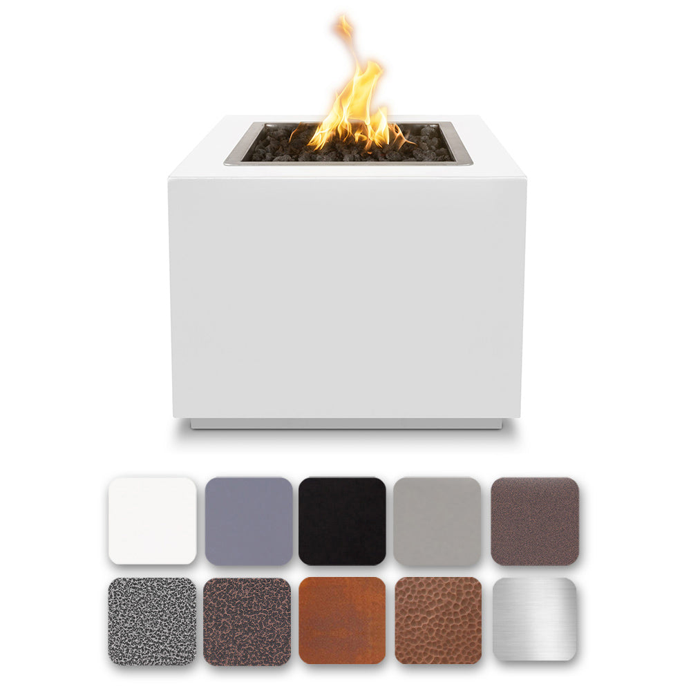 Square gas fire pit with open burner and visible flame, white powder-coated steel.