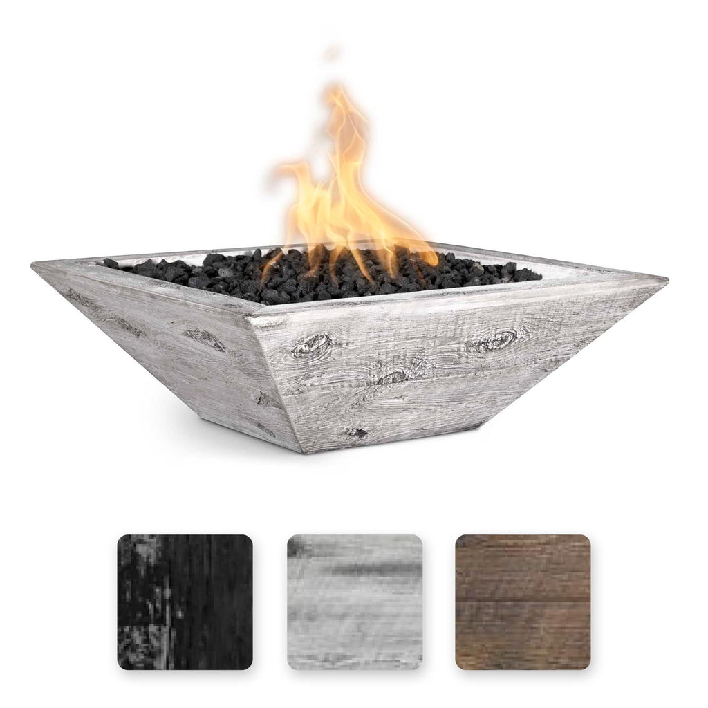 Square concrete gas fire bowl with weathered wood-grain finish and burning flames