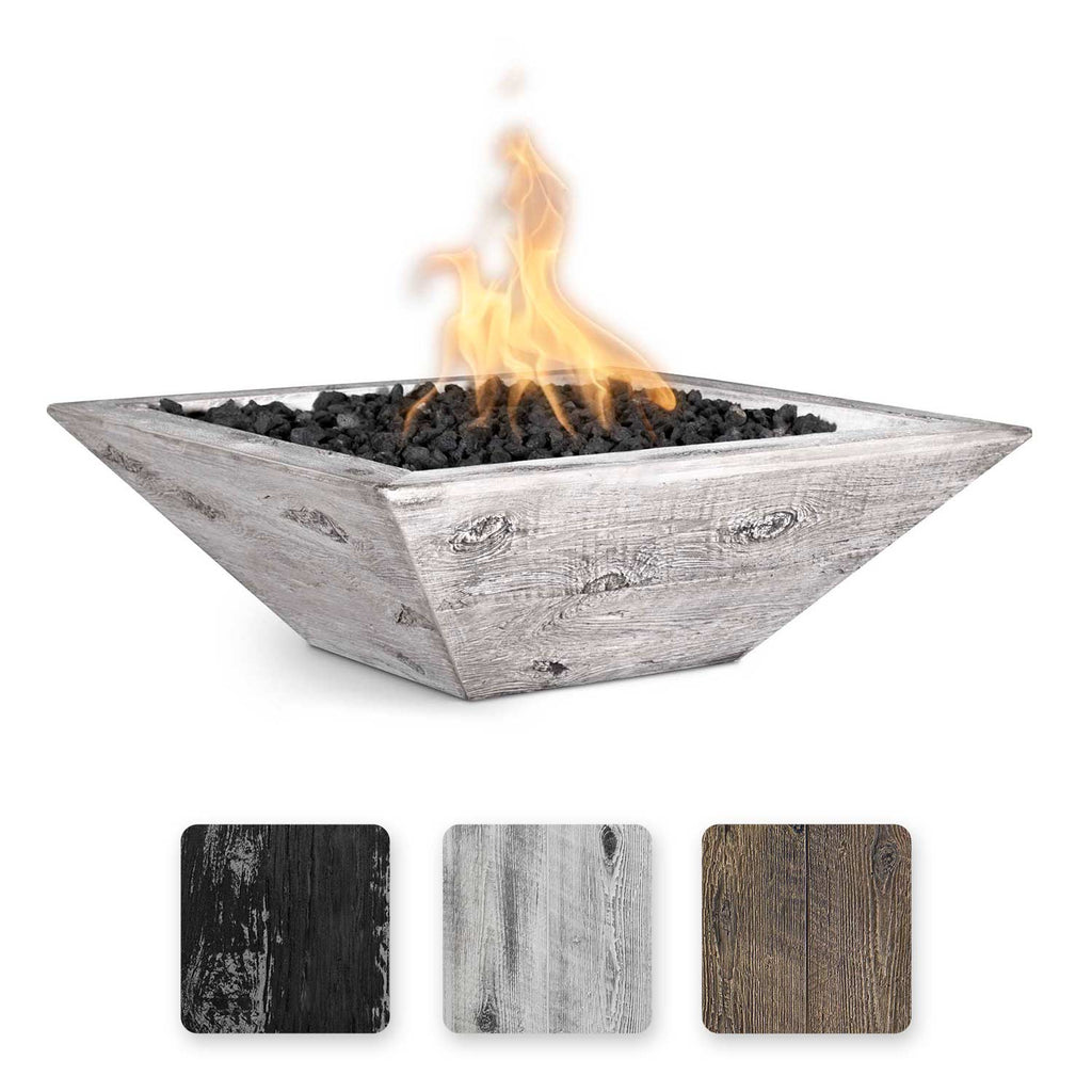 Square concrete gas fire bowl with wood-grain finish, open top with burning flames