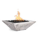 Square concrete gas fire bowl with wood grain finish, shallow fire bed and flame
