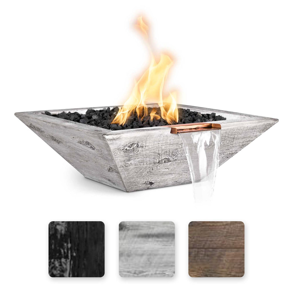 Square concrete gas fire bowl with flames and wood-grain panel