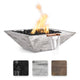 Square concrete gas fire bowl with flames and wood-grain panel