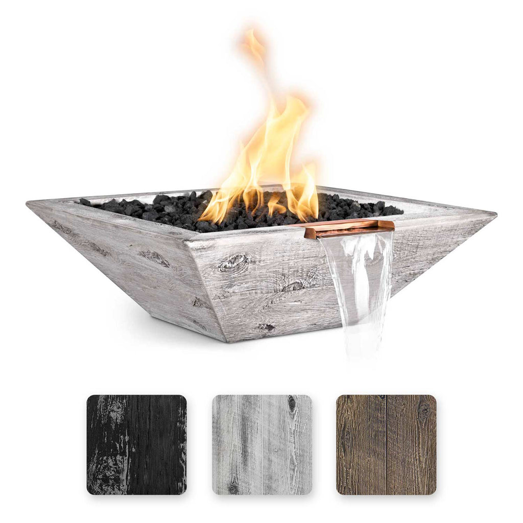 Square wood-grain concrete gas fire bowl with burning flames and visible mist