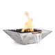 Square wood-grain concrete gas fire bowl with tall flames and mist