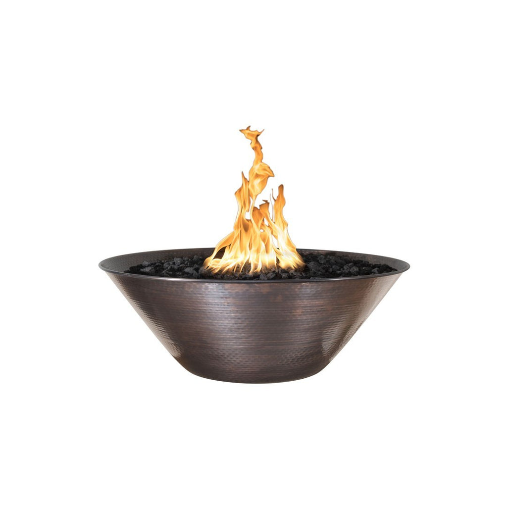 Copper gas fire bowl with standing flames and black lava rocks
