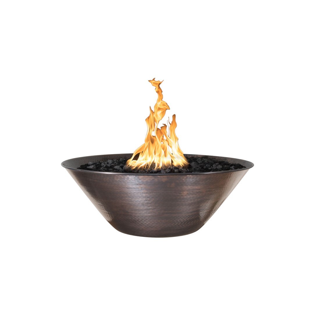 Copper gas fire bowl with standing flames and black lava rocks