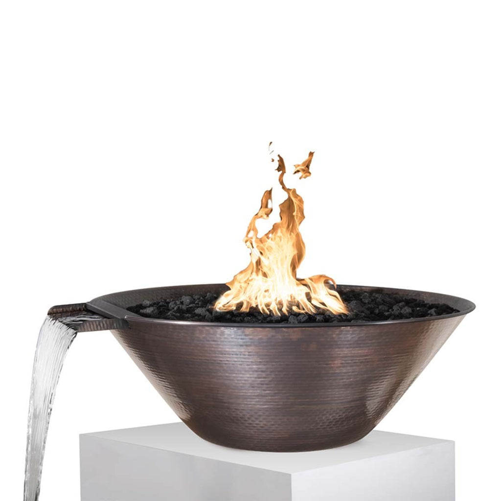 Round copper gas fire and water bowl with burning flame and side handles