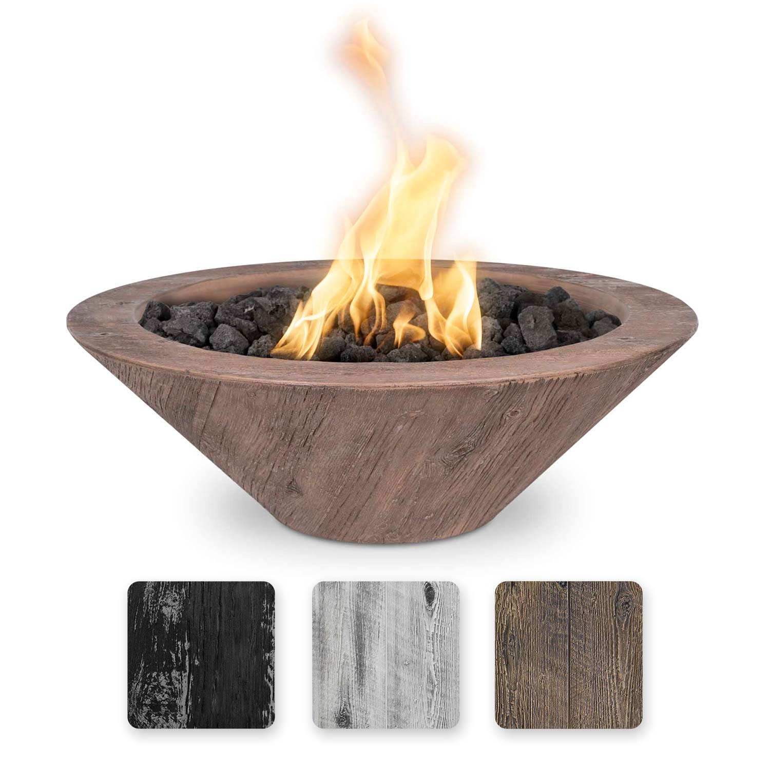 Dark wood-grain concrete gas fire bowl with burning flames