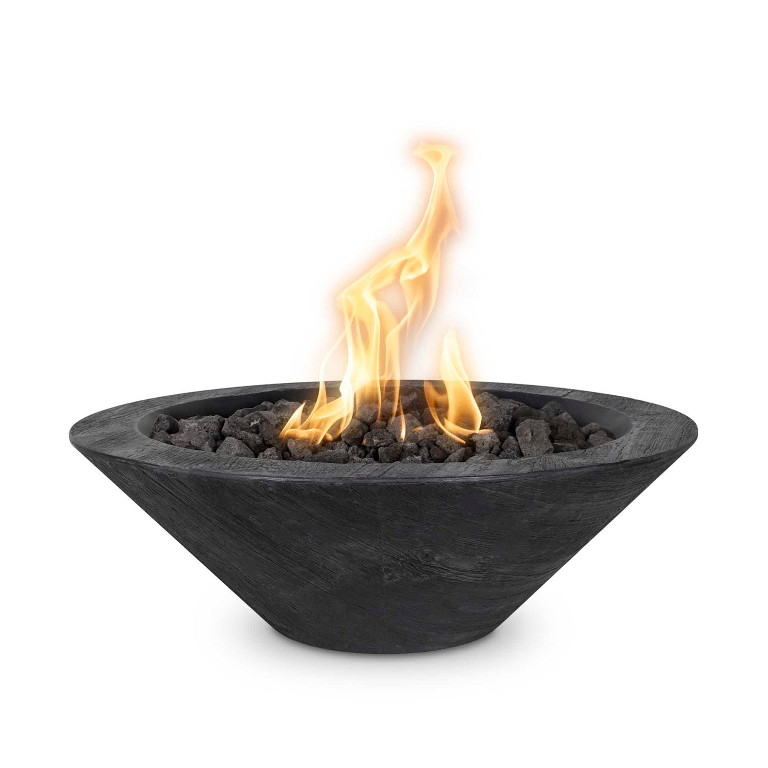 Round wood-grain concrete gas fire bowl with flames, dark textured ebony bowl.