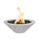 Light gray wood-grain concrete gas fire bowl with burning flames