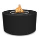 Black powder-coated steel gas fire pit with round bowl and visible flames