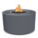Dark gray powder-coated steel gas fire pit with round bowl and visible flames