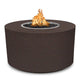 Dark brown speckled powder-coated steel gas fire pit with round bowl and visible flames