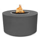 Round dark gray steel gas fire pit with central burner and visible flames