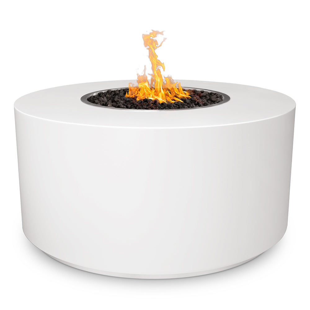 White powder-coated steel gas fire pit with round bowl and visible flames