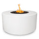 White powder-coated steel gas fire pit with round bowl and visible flames