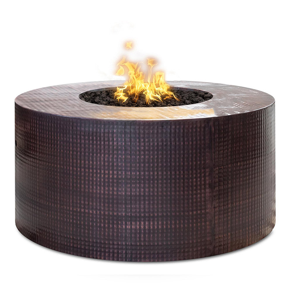 Round outdoor gas fire pit with dark woven sides and central burning flames