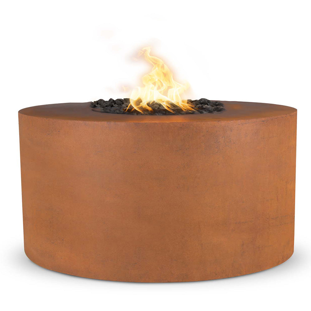 Round corten steel gas fire pit with flames in center