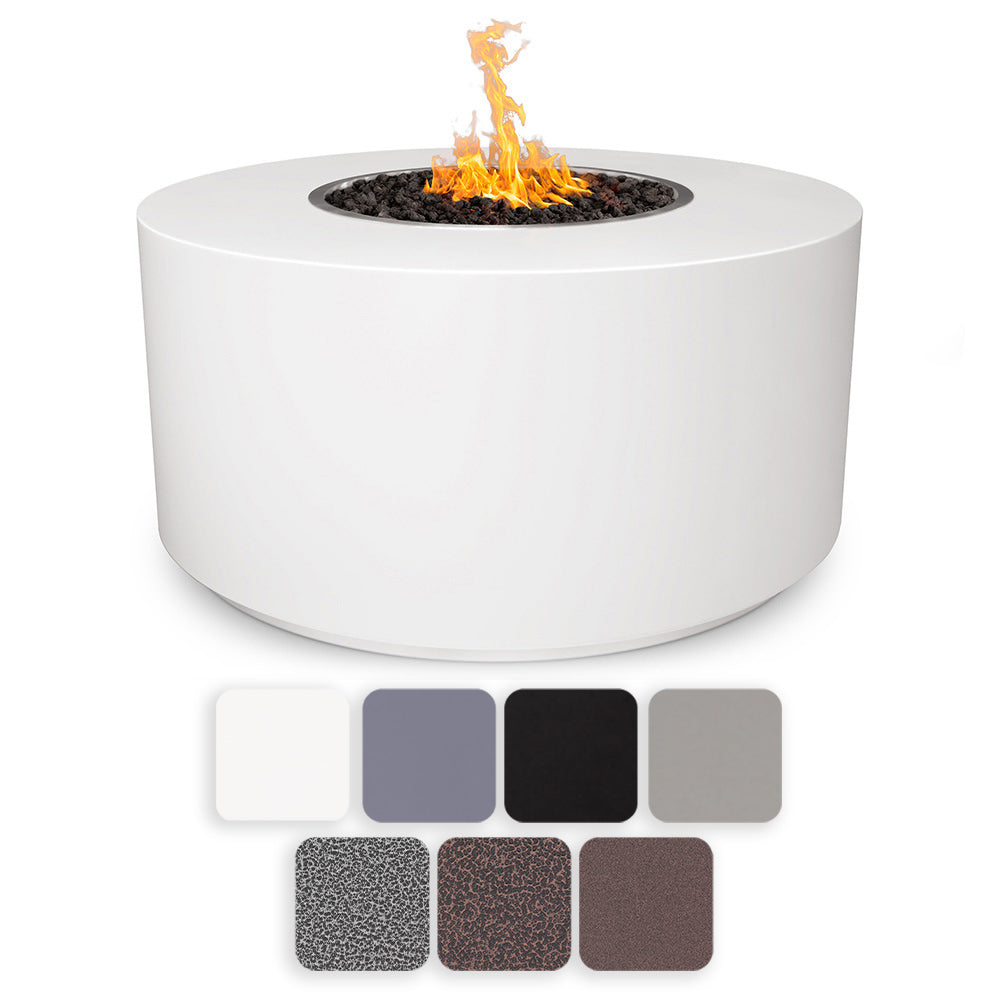 White powder-coated steel gas fire pit with round bowl and visible flames
