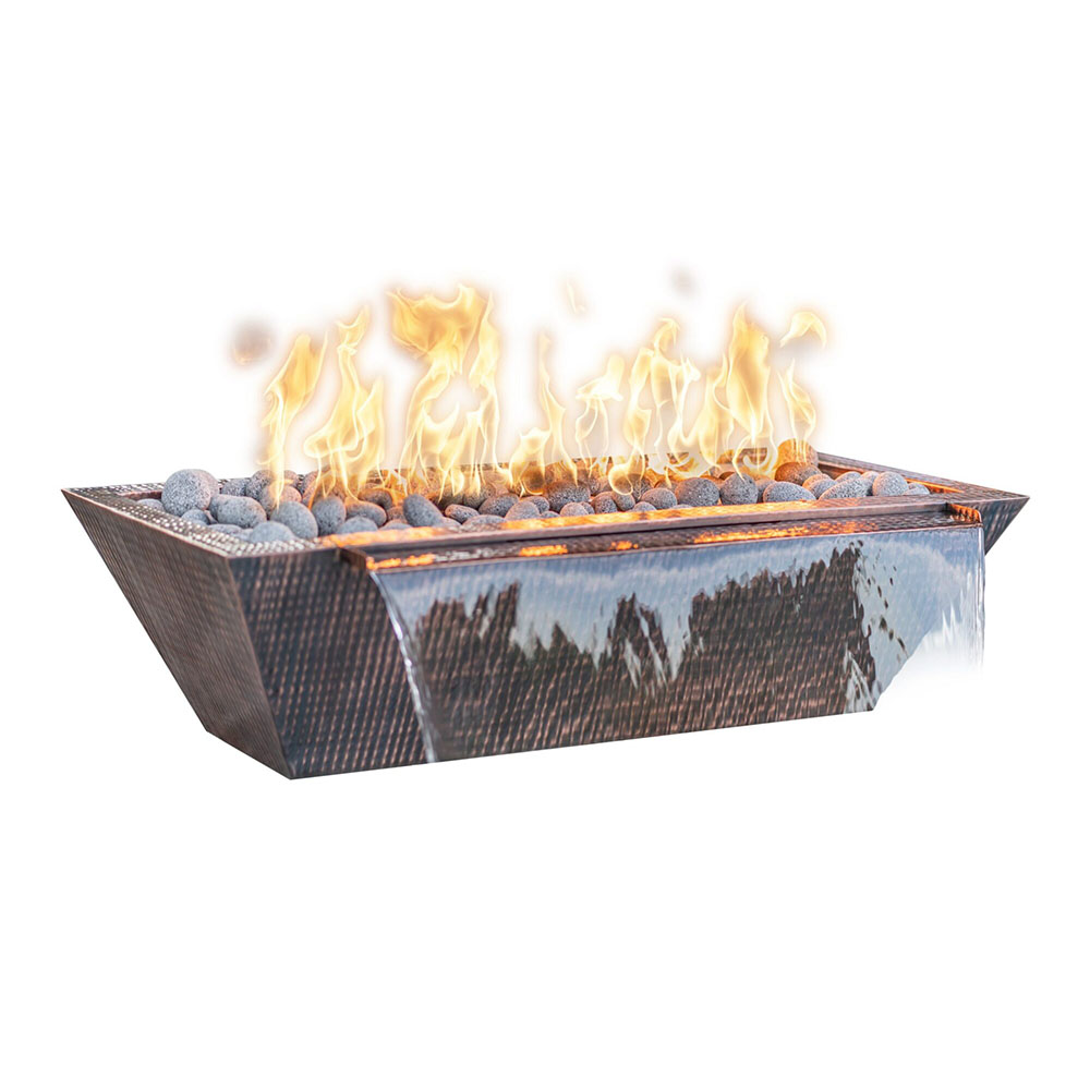 Maya linear copper fire and water bowl with flames and gray lava rocks