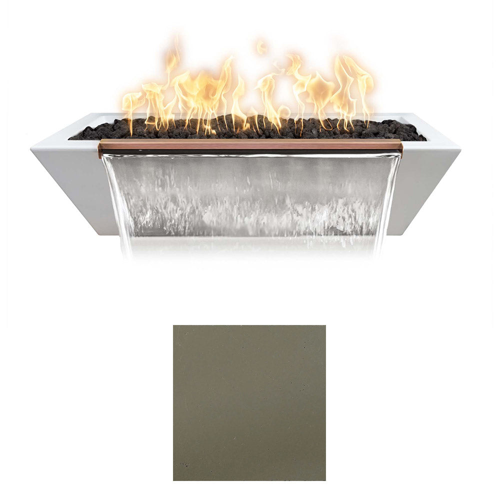 Linear concrete fire and water bowl with flames; ash gray finish swatch