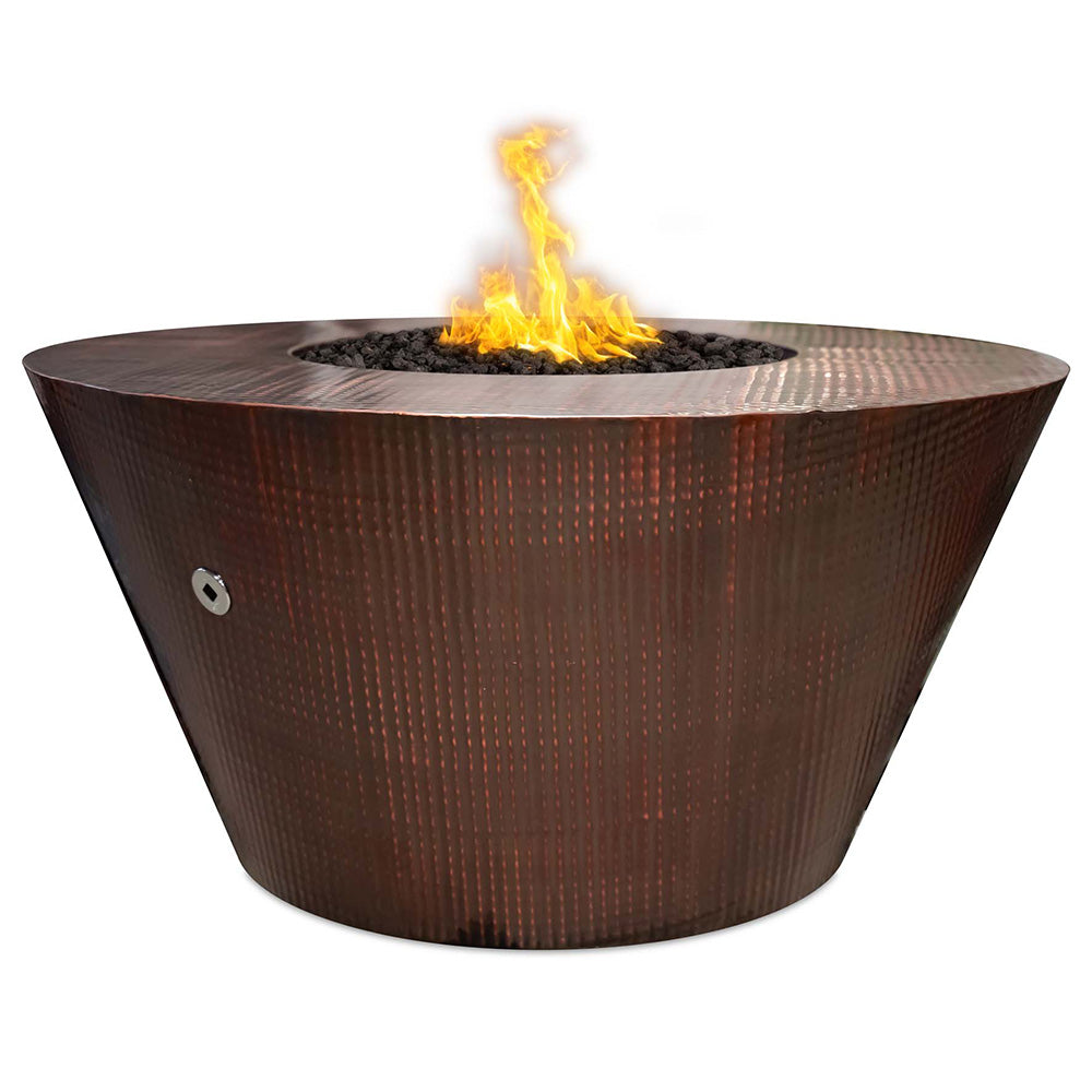 Round copper gas fire pit with flame burning in center