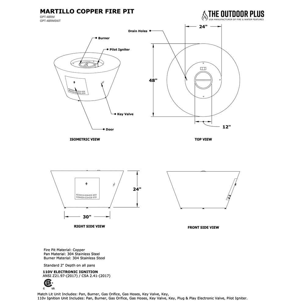 Copper gas fire pit layout diagram with top and side views