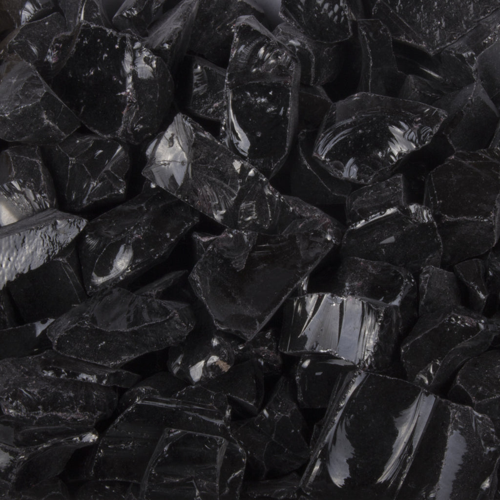 Black fire glass chunks, assorted sizes for outdoor fire features