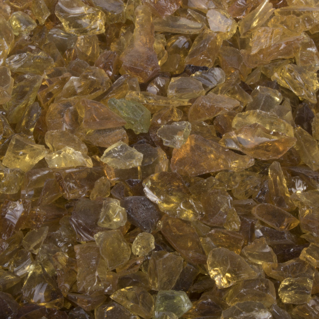 Amber fire glass chunks in varied sizes, translucent golden-brown pieces