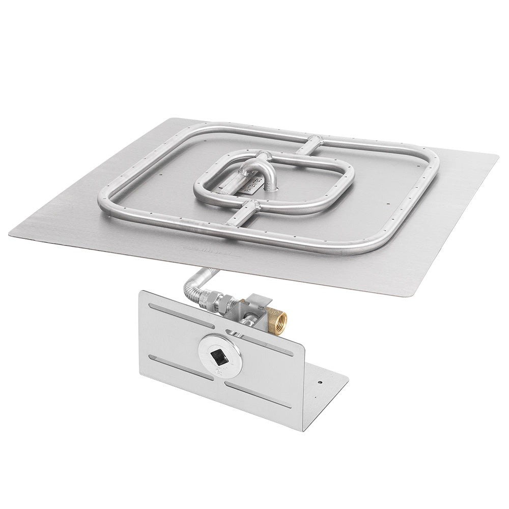 Square gas fire pit burner kit with silver burner pan and control valve regulator