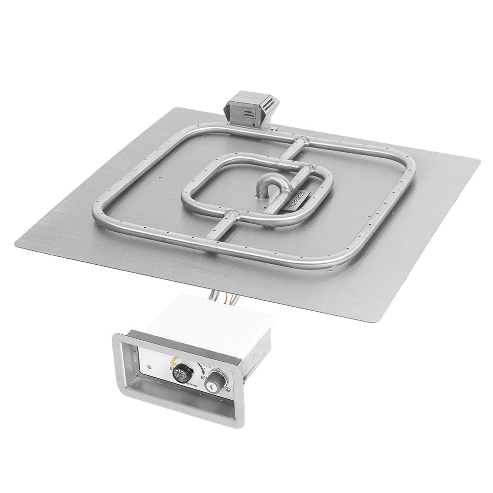 Square gas fire pit burner kit with spark ignition module and burner pan, light gray metal