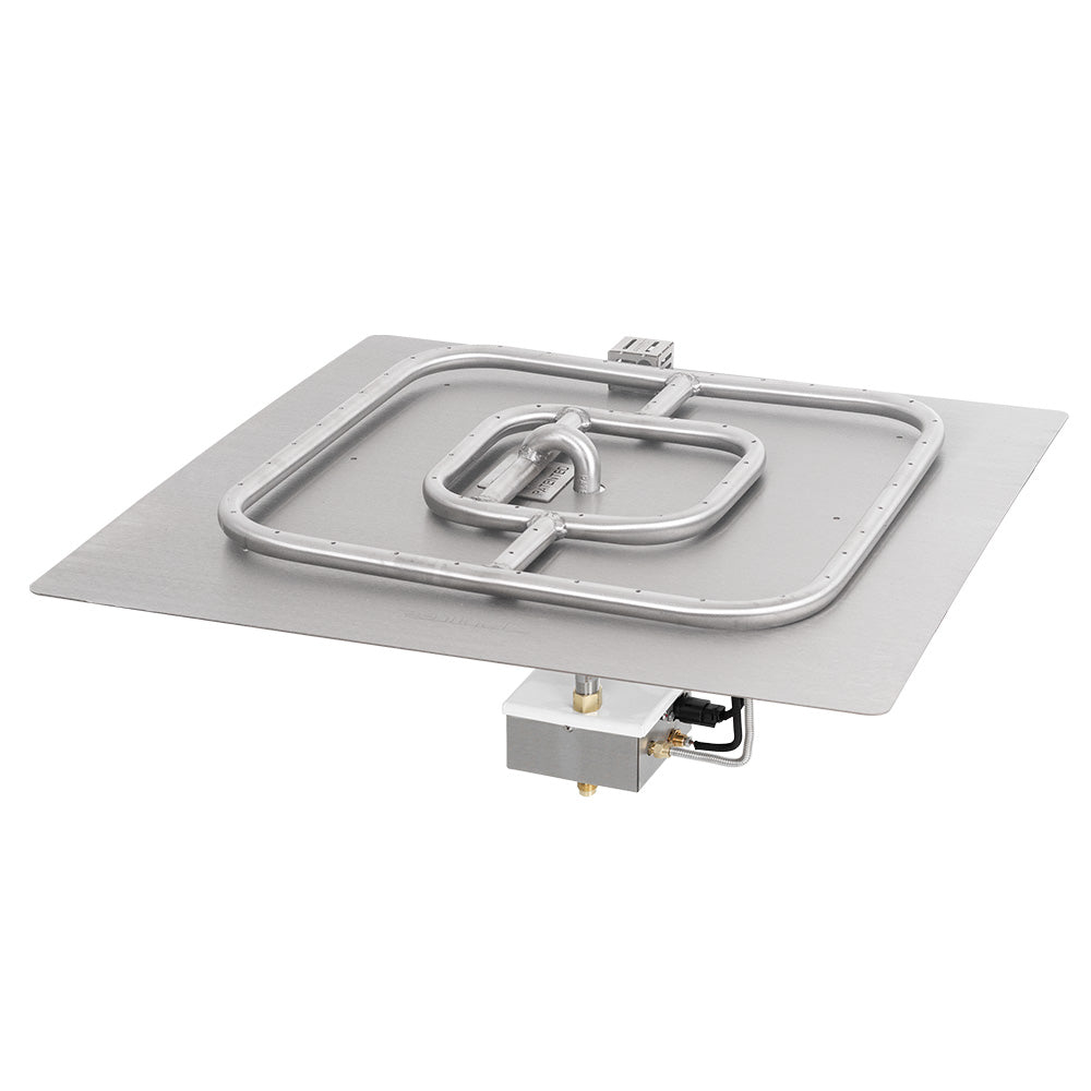 Square gas fire pit burner kit with electronic ignition, stainless pan and control ports