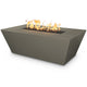 Linear concrete gas fire pit in gray-green with flames, rectangular open top and angled view.